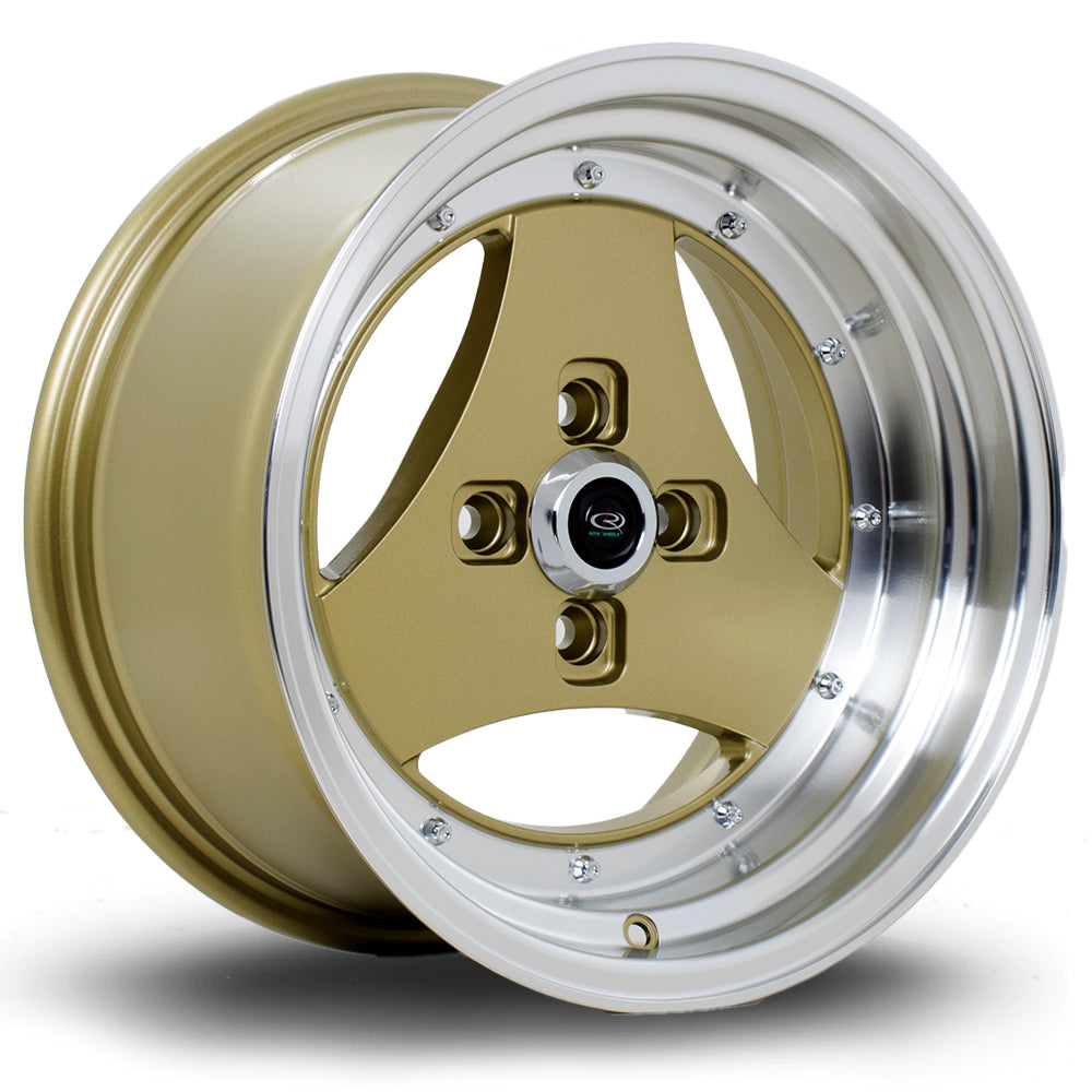 Rota Triad, 15 x 8 inch, 4x100 PCD, ET0, Gold with Polished Lip, Single Rim