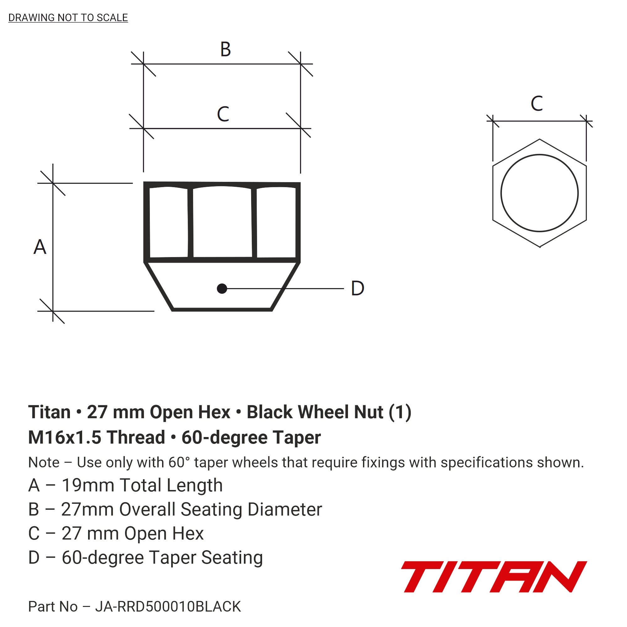 Titan 27mm Open Hex M16x1.5 60-degree Taper Wheel Nut